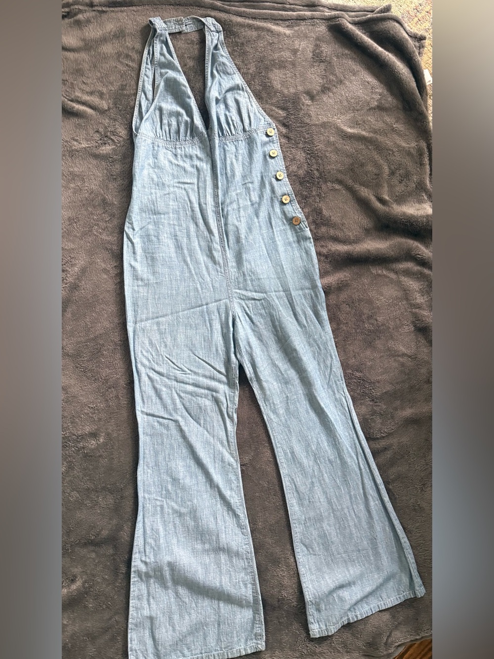 Free People Blue denim Halter Wide-Leg Jumpsuit with Side Buttons